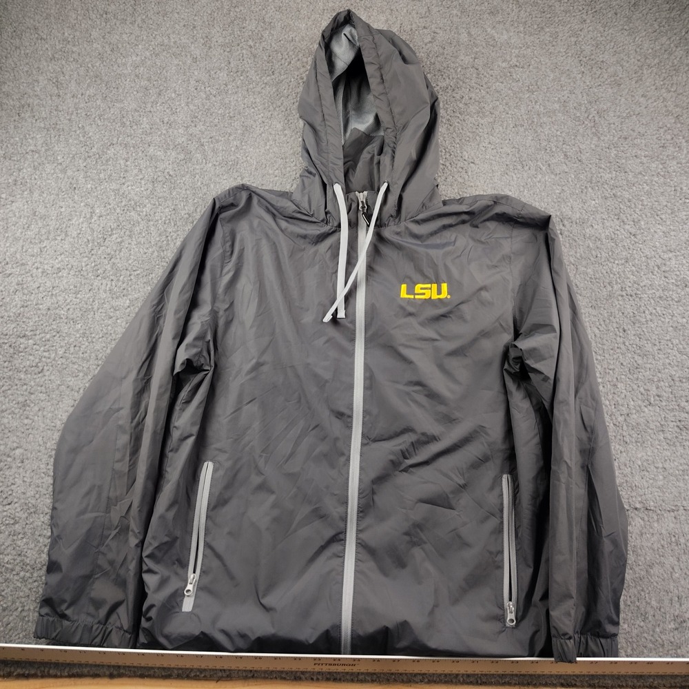 LSU Jacket Mens Medium Tigers Full Zip Hooded Dark Gray EUC